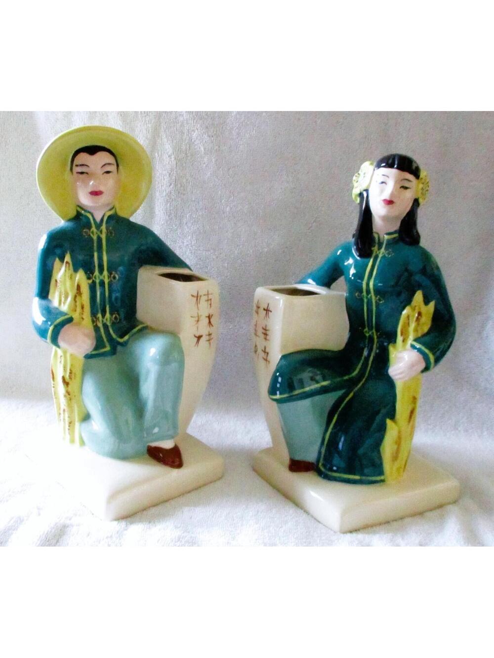 Weil Ware Pottery 1940's Made in California Pair of Asian Man & Woman Vases